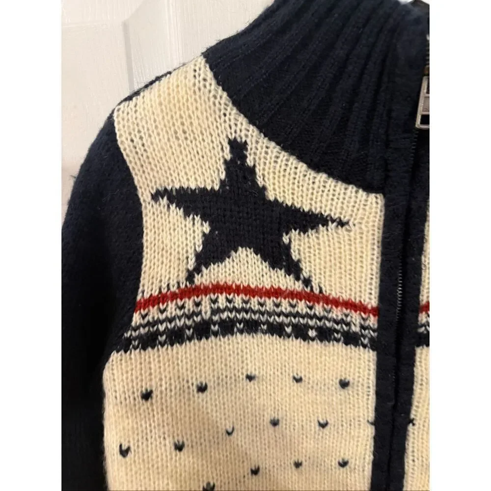 Vintage Design United Fleece Lined Navy & Cream Star Zip Up Cardigan Sweater sz